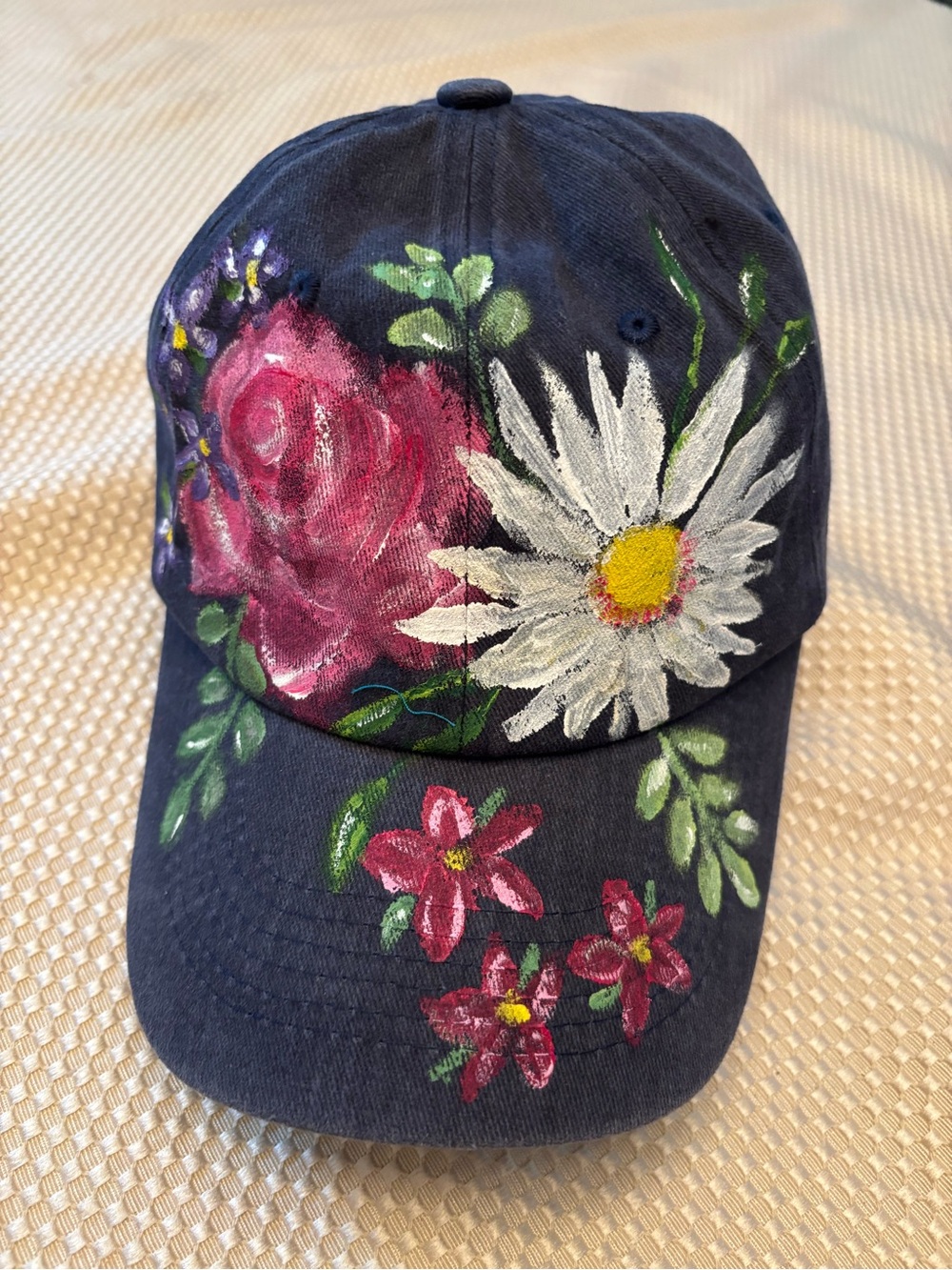Hand-Painted Floral Navy Baseball Cap Handpainted